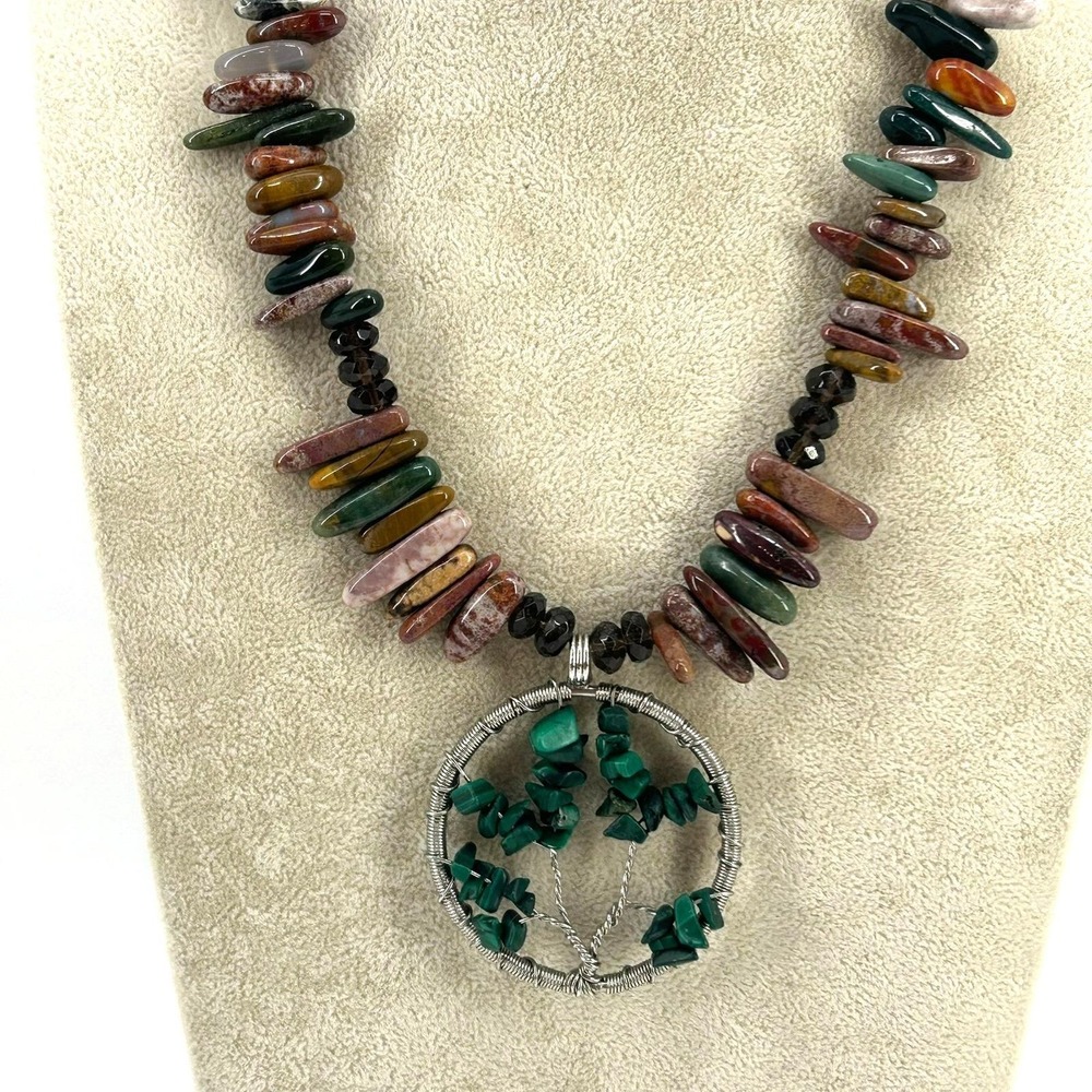Tree of Life Wire Wrapped Malachite Pendant Jasper Bead Necklace Silver Tone 20"